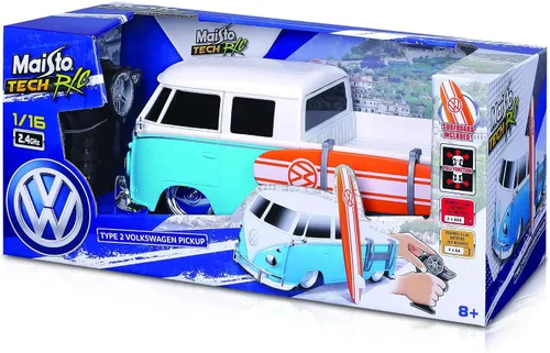 Miniatura 5 de Maisto Tech R/C 1:16 Escala 2.4 GHz VW Tipo 2 Pick-up con tabla de surf, azul con blanco