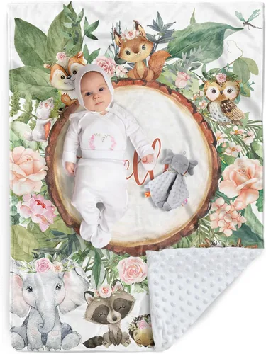 Miniatura 18 de Manta de bebé personalizada, nombre personalizado con diseño de animales del bosque, manta de felpa suave con respaldo punteado de doble capa