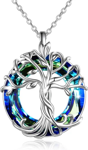 TOUPOP Collar con colgante de árbol de la vida familiar de plata de ley para el día de la madre, con círculo de cristal, regalos para mujeres,