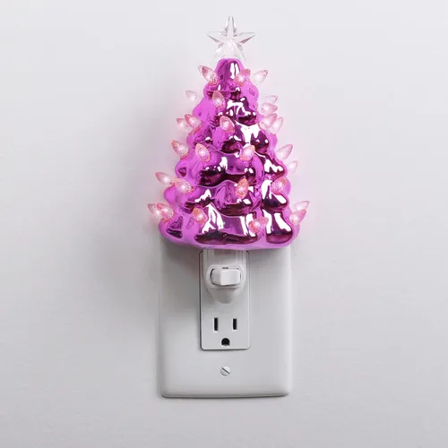 Luz nocturna de cerámica para árbol de Navidad, árbol de Navidad con luces, árbol de cerámica vintage iluminado, mini luz nocturna decorativa (árbol