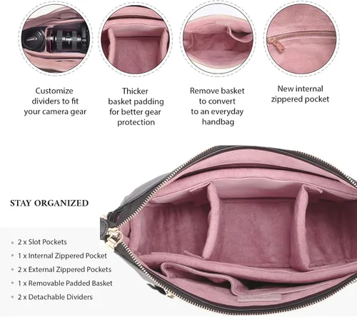 Miniatura 5 de Meliaebag - Bolso para cámara réflex digital sin espejo para mujer, lindo bolso cruzado de cuero de primera calidad para llevar al hombro Negro