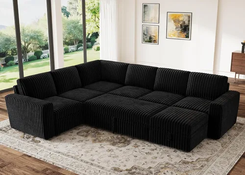 Miniatura 11 de HONBAY - Sofá seccional modular con cama desplegable, sofá en forma de L de pana con almacenamiento, sofás seccionales para sala de estar, verde