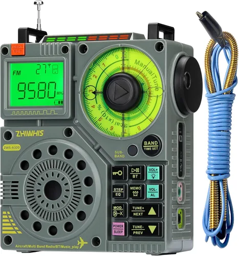 ZHIWHIS Radio de onda corta con Bluetooth y control de aplicación, AIR AM FM VHF SW WB Receptor portátil, Super Bass/5 tipos de efectos de luz/6