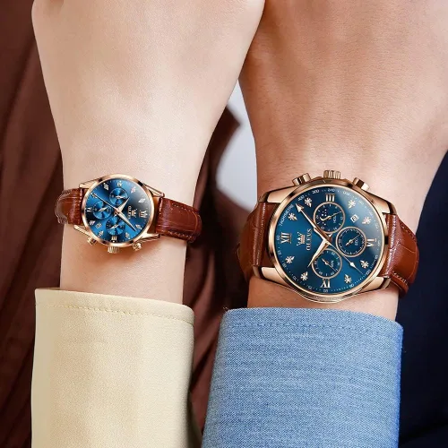 Miniatura 23 de OLEVS Juego de 2 relojes de cuarzo para parejas de San Valentín, para él y ella, cronógrafo de cuero, con diamantes para hombres, mujeres, amantes