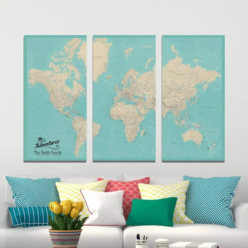 Miniatura 38 de 3 paneles - Mapa de viaje colorido del mundo con alfileres en lienzo envuelto en galería, mapa de pared grande