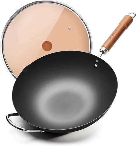 WANGYUANJI Wok de hierro, woks de 12.59 pulgadas para freír, sartén china sin recubrimiento, olla de hierro tradicional de fondo plano para