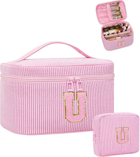 Miniatura 90 de Juego de bolsas de maquillaje con iniciales para niñas y mujeres, bolsa de cosméticos con monograma con soporte para cepillos, estuche de maquillaje