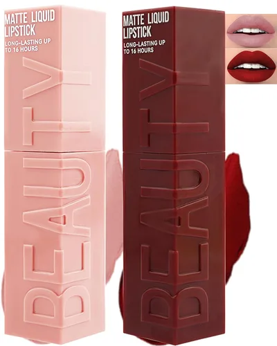 Lápiz labial líquido mate para mujeres - 2 unidades, rosa nude y rojo vino, tinte labial altamente pigmentado, brillo labial mate aterciopelado,