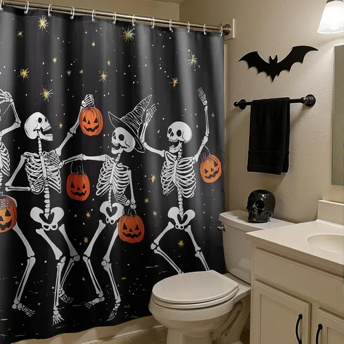 Miniatura 4 de Cortina de ducha de Halloween: fantasmas bailarines espeluznantes con calabazas, juego de cortina de ducha de Halloween con ganchos, decoración