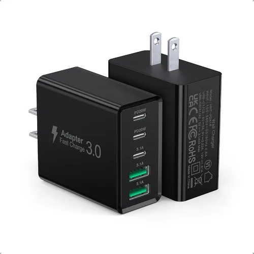 [Paquete de 2] Cargador de pared USB C, bloque de cargador tipo C de 60 W, bloques de carga rápida de 5 puertos, enchufe multipuerto 3USB C+2USB A,