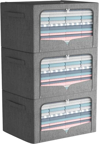 FHSQX Paquete de 3 contenedores de almacenamiento de ropa plegables con marco de metal, caja de almacenamiento apilable, organizador de tela de lino