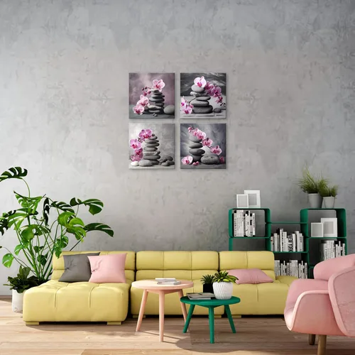 Miniatura 3 de NAN Wind Arte de pared en lienzo de orquídeas rosas y piedras zen - Decoración de orquídeas - Cuadros de flores de spa - Arte de pared Zen