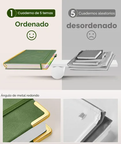 Miniatura 3 de Cuaderno universitario de espiral con tapa dura de cuero de 8 x 10 pulgadas, con pestañas separadoras extraíbles, para 5 materias, a rayas; diario