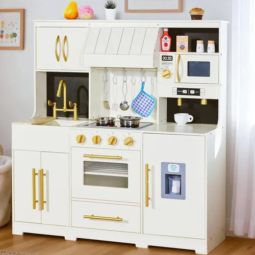 Miniatura 8 de inFUNSAME Juego de cocina para niños con luces y sonidos realistas, 19 accesorios, diseño moderno mejorado de madera con áreas de juego completas