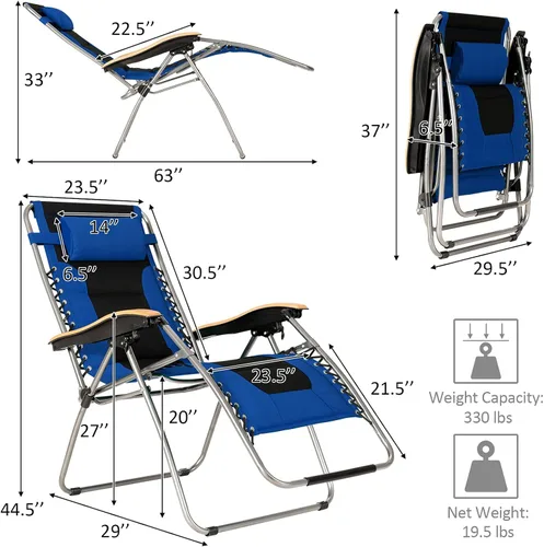 Miniatura 3 de Goplus Sillón plegable de gravedad cero, silla de patio reclinable acolchada de gran tamaño con reposabrazos de haya y almohada para la cabeza
