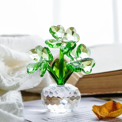 QFkris Crystal Flower Dreams - Figura coleccionable de trébol de cuatro hojas, estatuas de flores de vidrio de 3.7 pulgadas para centro de mesa de