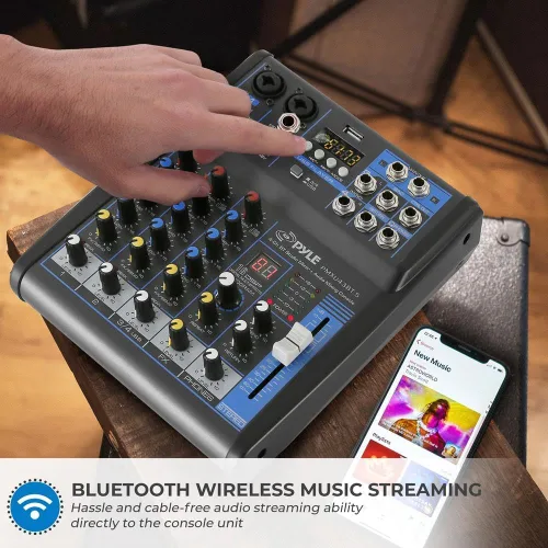 Miniatura 7 de Pyle Mezclador de audio profesional Placa de sonido Interfaz de sistema de consola de 4 canales USB digital Bluetooth MP3 Entrada de computadora 48V
