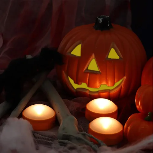 Miniatura 3 de Paquete de 3 luces de calabaza de Halloween con control remoto/temporizador, velas LED que funcionan con pilas, luces naranjas sin llama, velas