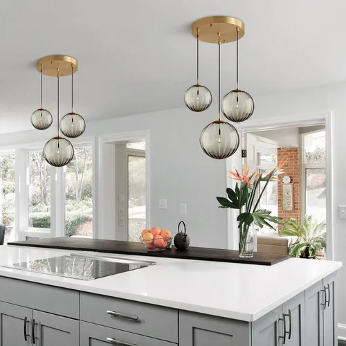 Miniatura 4 de Lámpara colgante de KCO Lighting Moderna de Oro con 3 Luces, Clúster de Globo de Vidrio Ahumado Grande, Lámpara de Araña de Latón Cepillo para Isla