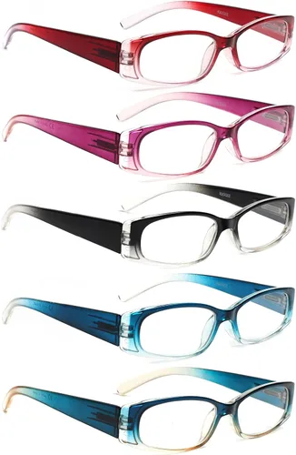 Paquete de 5 anteojos de lectura rectangulares con bisagra de resorte, a la moda, unisex (color, 2.00, multiplicador_x)