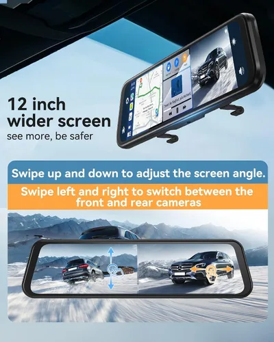 Miniatura 5 de Cámara de espejo retrovisor de 12'' con CarPlay y Android Auto, cámara de tablero de 4K, cámara frontal y trasera con asistencia de marcha