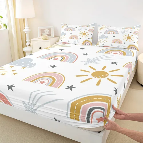 Miniatura 6 de Erosebridal Sábana bajera ajustable de arcoíris para niñas, diseño de sol y estrellas, tamaño matrimonial para niños y niños, juego de ropa de cama