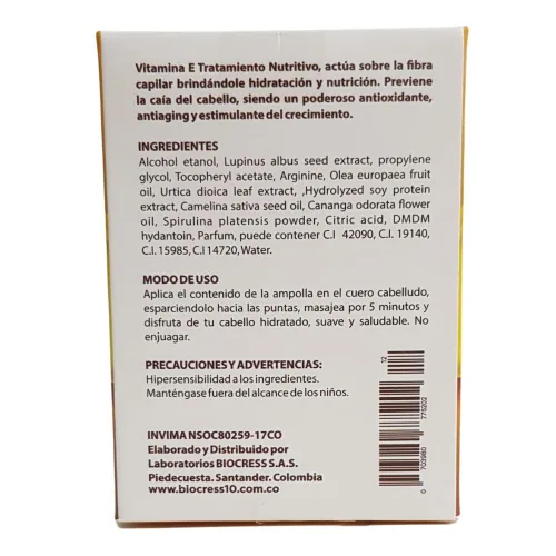 Miniatura 2 de Ampollas para hidratar y nutrir el cabello (paquete de 12) biocress 10 ampolletas vitamina E tratamiento nutricion box de 12 ampolletas