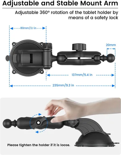Miniatura 7 de OHLPRO Soporte para tablet para tablero de automóvil y parabrisas, soporte para iPad con ventosa, rotación de 360°, soporte retráctil ajustable
