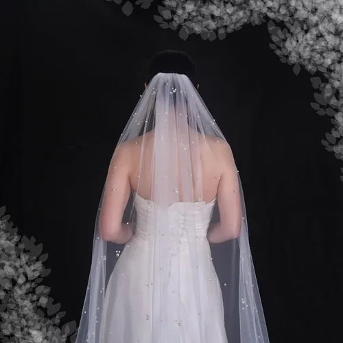 Miniatura 4 de Mopmap 1 nivel nupcial velo de novia perla capilla longitud tul accesorios para el cabello con peine
