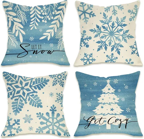 Fahrendom Juego de 4 fundas de almohada decorativas con diseño de copo de nieve de invierno de 20 x 20 pulgadas, diseño de hojas de árbol de Navidad