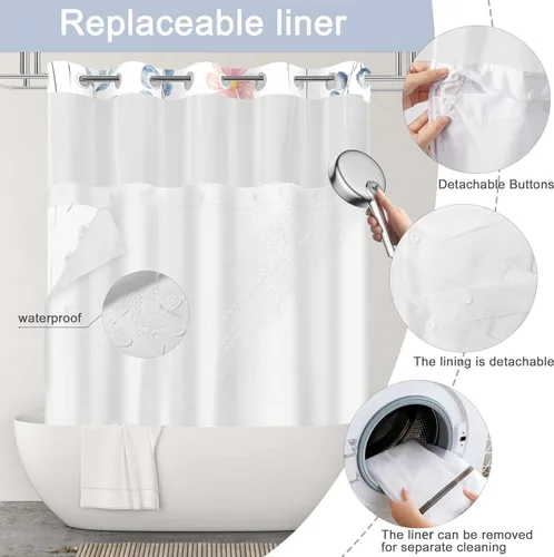Miniatura 3 de Juego de cortina de ducha sin gancho y forro, cortinas de ducha florales azules de acuarela para baño, juegos de cortinas de baño de hotel moderno