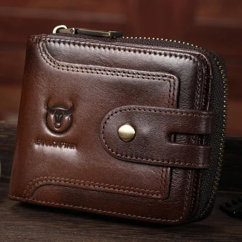 Miniatura 112 de LUKZIJAES Billetera de cuero genuino para hombre, con bloqueo RFID, delgada, plegable, bolsillo frontal, #3-Café, Vintage