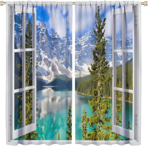 Miniatura 21 de Cortinas de paisaje, ventana tropical con vista al mar, océano, playa, barco, cortinas con estampado de palmeras para dormitorio, sala de estar, Mar