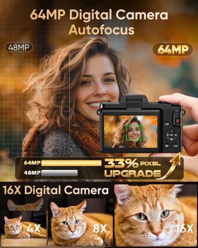 Miniatura 4 de Cámara digital 4K para fotografía con WiFi, enfoque automático de 64 MP de 3 pulgadas, pantalla abatible de 180°, cámara de vlogging con zoom 16X