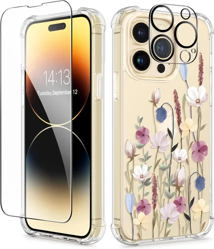 Miniatura 148 de GVIEWIN Funda diseñada para iPhone 13 de 6.1 pulgadas, con protector de pantalla de vidrio templado + protector de lente de cámara, flor