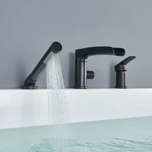 Miniatura 6 de Wowkk Grifo de Bañera Cascada de Bañera Romana Negro Montaje en Cubierta Grifos de Bañera de Latón Relleno de Bañera Grifos de Baño con Ducha de Mano