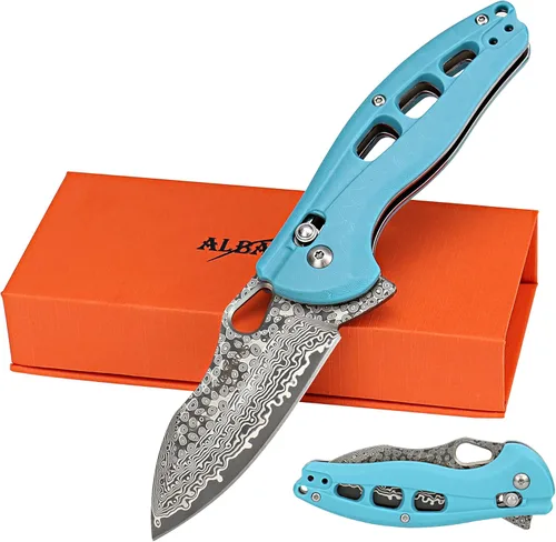 ALBATROSS Cool Flipper Axis Lock - Cuchillo de bolsillo plegable de apertura con hoja de acero de Damasco moderna de 3 pulgadas y mango FRN de alta