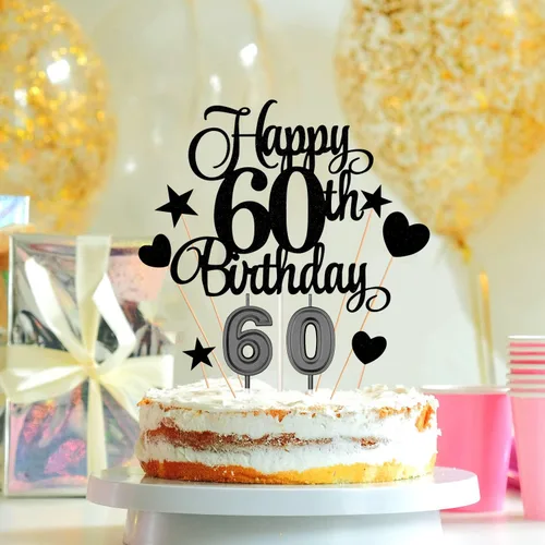 Miniatura 6 de El juego de decoraciones para tartas de cumpleaños de 60 años incluye velas de 60 cumpleaños número 60 velas para pasteles y adornos para pasteles