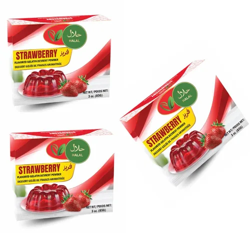 Halal - Polvo de postre de gelatina con sabor a fresa, gelatina de res, 3 oz (85 g) cada uno. (paquete de 3)