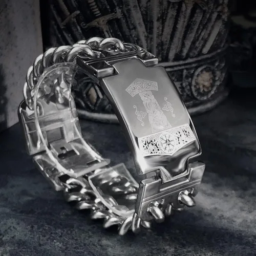 Miniatura 2 de Bahamut - Pulsera de eslabones de cadena cubana de acero inoxidable para hombre, viking Odin Gungnir para hombre, joyería nórdica, L, Acero