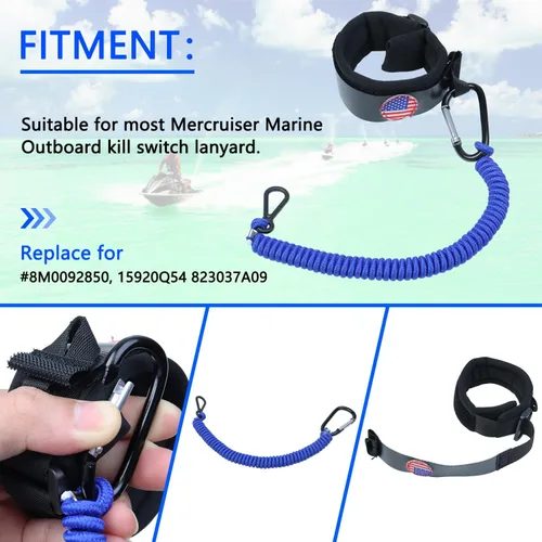 Miniatura 2 de Boat Kill Switch Lanyards Wrist Strap, Jet Ski Key Lanyard Fit for Mercruiser Marine Outboard Negro&azul