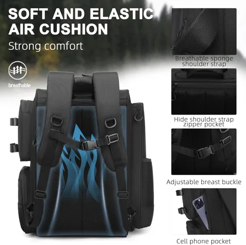 Miniatura 5 de WANOON - Mochila para pesca, bolsa de pesca con soportes para cañas. Mochila de aparejos grande con materiales resistentes Negro