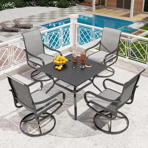 Miniatura 9 de PHI VILLA Juego de comedor de patio de 5 piezas con sillas de comedor giratorias para exteriores (gris) y mesa de comedor de acero de metal de 37 x