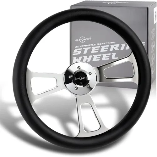 W-Power, Plato universal de 18 pulgadas de 17.992 in, con 5 agujeros de 2.5 pulgadas de profundidad, estilo vintage con volante de agarre de cuero