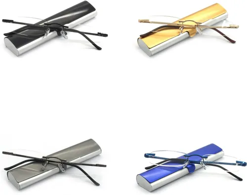 Miniatura 7 de Paquete de 4 lentes de lectura sin montura de metal con bisagra de resorte, funda delgada para hombres y mujeres