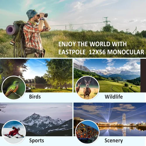 Miniatura 7 de Telescopio monocular monocular monocular de alta potencia de 12 x 56 para adultos con adaptador para teléfono inteligente, lente FMC y prisma BAK4