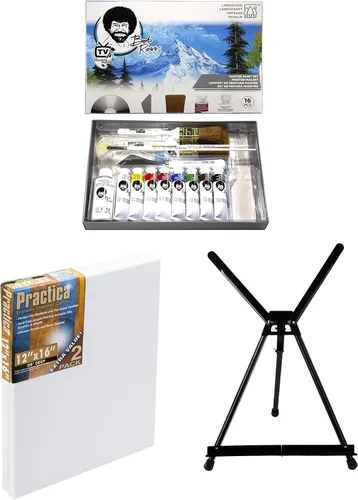 Bob Ross Master Artist - Juego de pintura al óleo con caballete de mesa de aluminio y 2 lienzos estirados de 12 x 16 pulgadas para pintar (3