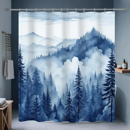 Miniatura 24 de Cortina de ducha pequeña de 36 x 72 pulgadas, cortina de medio tamaño de bosque brumoso, cortina de ducha estrecha mitad negra y blanca de montaña