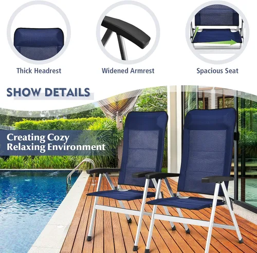 Miniatura 4 de Giantex Juego de 2 sillas de patio, sillas plegables para exteriores, sillón reclinable de respaldo alto con reposacabezas y reposabrazos, 7