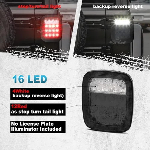 Miniatura 3 de Partsam 2x luces traseras LED de 16 LED, combinación de luz de freno, giro, reversa y marcha atrás, 12-5050 rojas, 4-5050 blancas con lente de humo